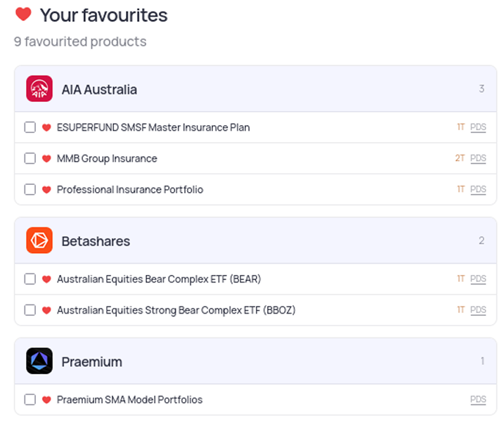 Favourites feature for saving frequently accessed PDS documents