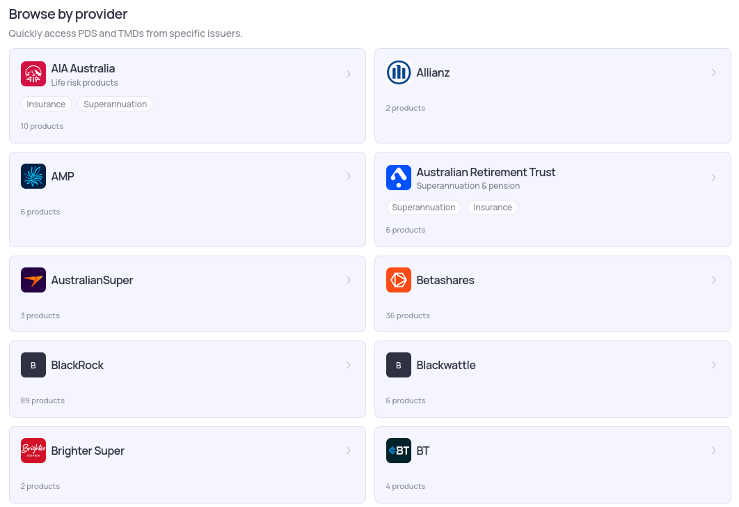 Grid showing a wide range of PDS and TMD documents from Australian providers